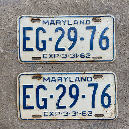 Photo of a 1962 Maryland License Plate Pair Auto Tag Garage Decor Vintage EG 29 76 with original patina