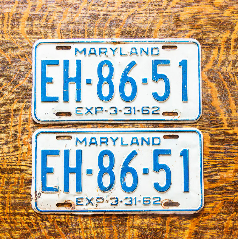 Photo of a 1962 Maryland License Plate Pair Auto Tag Garage Decor Vintage EH 86 51 with original patina