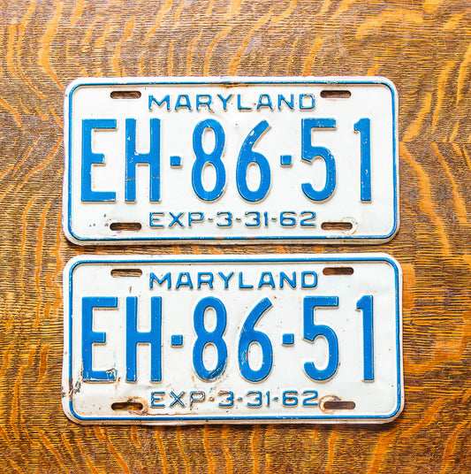 Photo of a 1962 Maryland License Plate Pair Auto Tag Garage Decor Vintage EH 86 51 with original patina