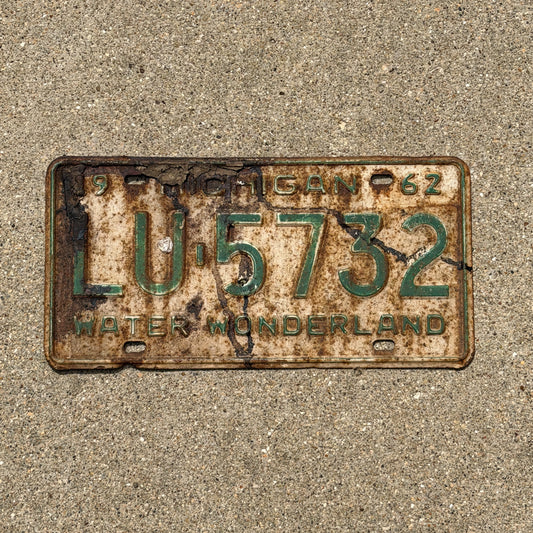 Photo of a 1962 Michigan License Plate Auto Tag Garage Decor Vintage LU 5732 with original patina