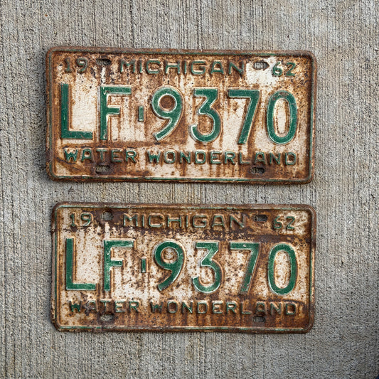Photo of a 1962 Michigan License Plate Pair Auto Tag Garage Decor Vintage LF 9370 with original patina