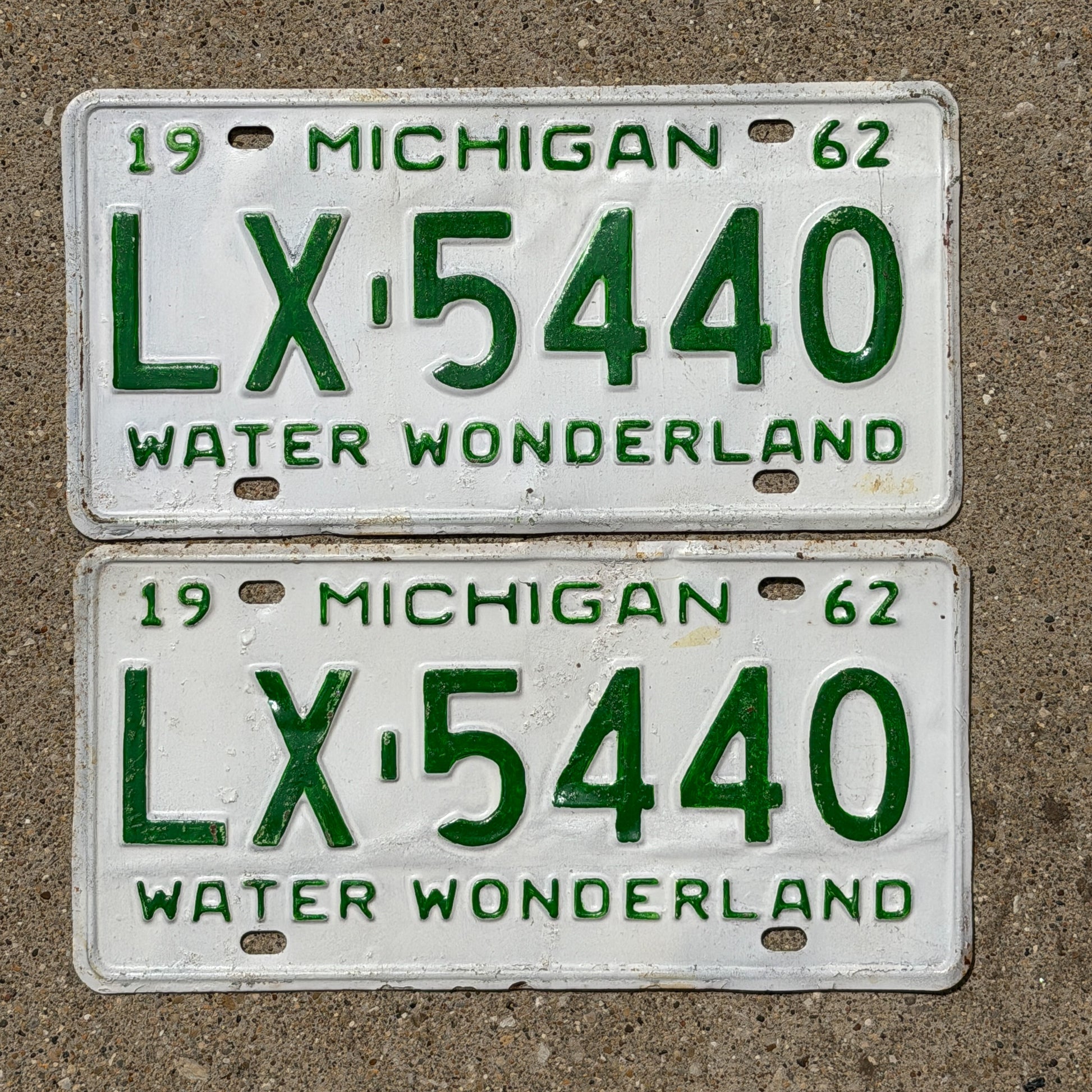 Photo of a 1962 Michigan License Plate Pair Auto Tag Garage Decor Vintage LX 5440 with original patina