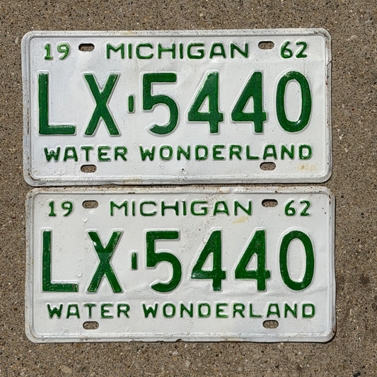 Photo of a 1962 Michigan License Plate Pair Auto Tag Garage Decor Vintage LX 5440 with original patina