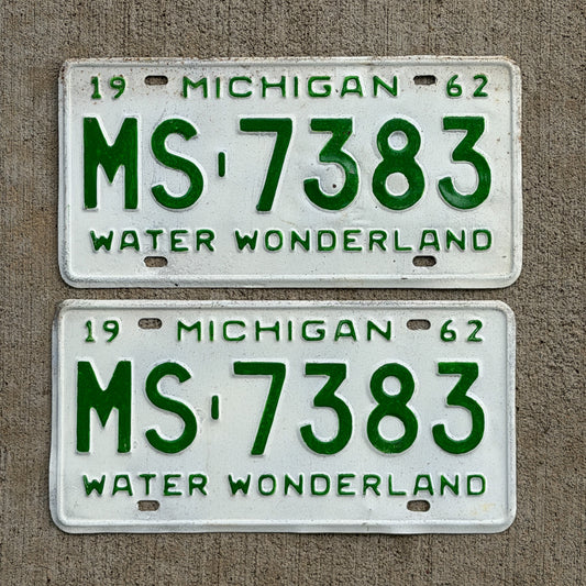 Photo of a 1962 Michigan License Plate Pair Auto Tag Garage Decor Vintage MS 7383 with original patina