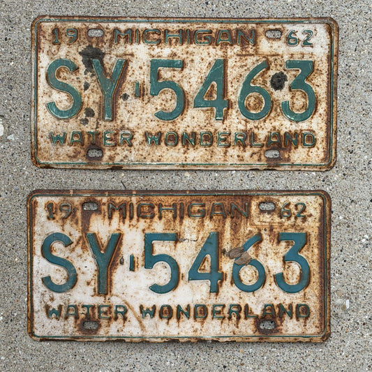 Photo of a 1962 Michigan License Plate Pair Auto Tag Garage Decor Vintage SY 5463 with original patina