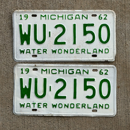 Photo of a 1962 Michigan License Plate Pair Auto Tag Garage Decor Vintage WU 2150 with original patina