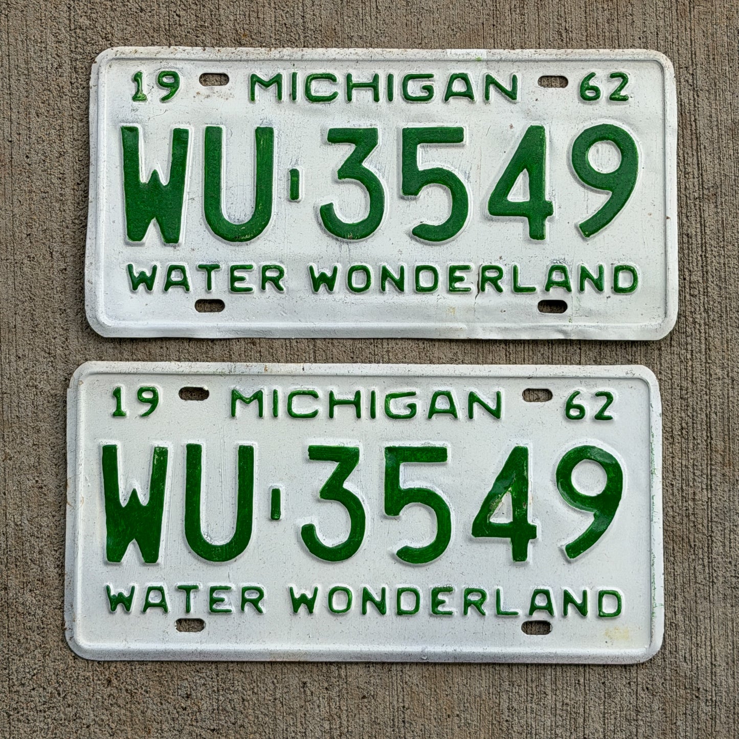 Photo of a 1962 Michigan License Plate Pair Auto Tag Garage Decor Vintage WU 3549 with original patina