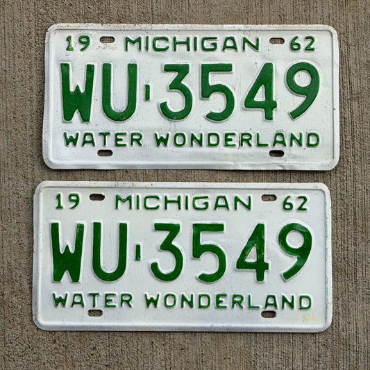 Photo of a 1962 Michigan License Plate Pair Auto Tag Garage Decor Vintage WU 3549 with original patina