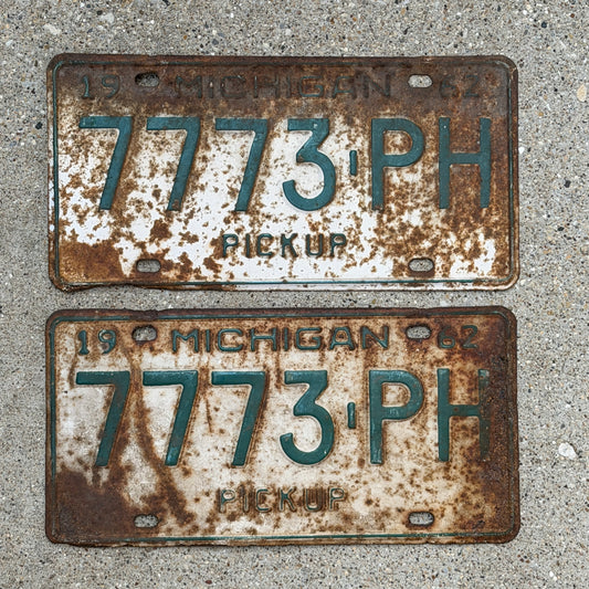 Photo of a 1962 Michigan Truck License Plate Pair Auto Tag Garage Decor Vintage Pickup Repeat Repeating 7773 PH with original patina