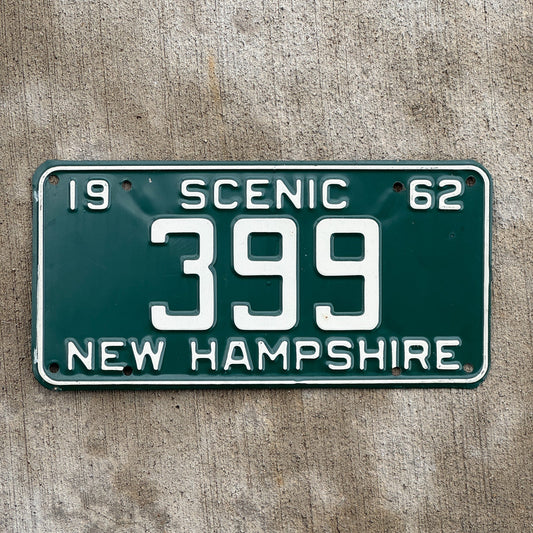 Photo of a 1962 New Hampshire License Plate Auto Tag 1 Vintage Garage Low Number Three Digit 399 with original patina