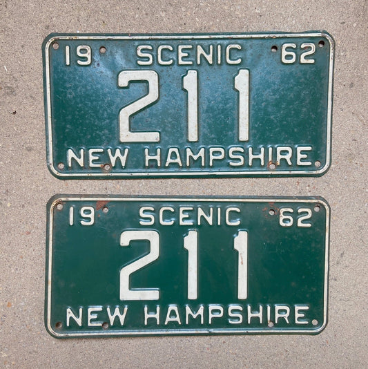 Photo of a 1962 New Hampshire License Plate Pair Auto Tag Garage Decor Vintage Low Number Three Digit 211 with original patina
