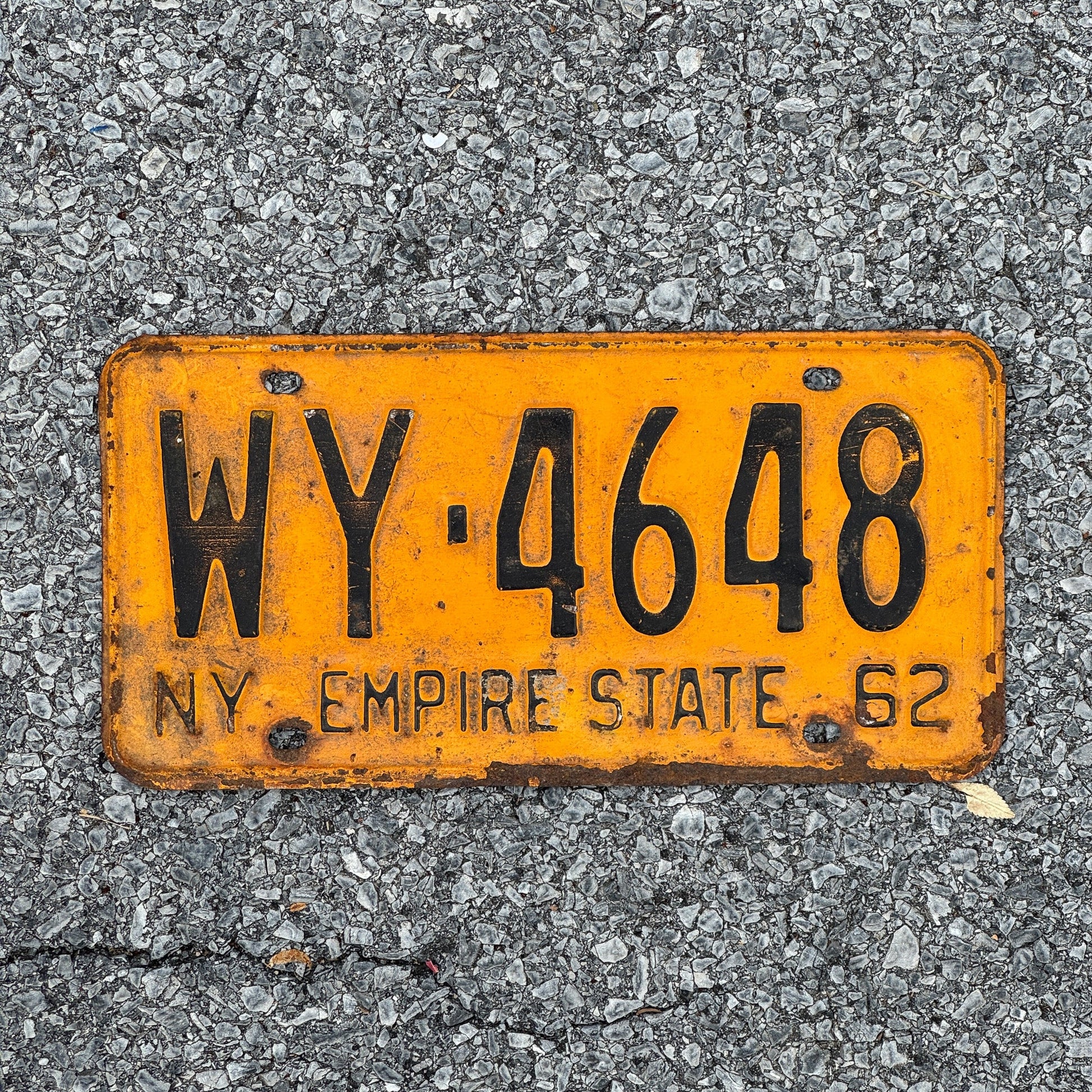 Photo of a 1962 New York License Plate Auto Tag Garage Decor Vintage Wyoming County WY 4648
