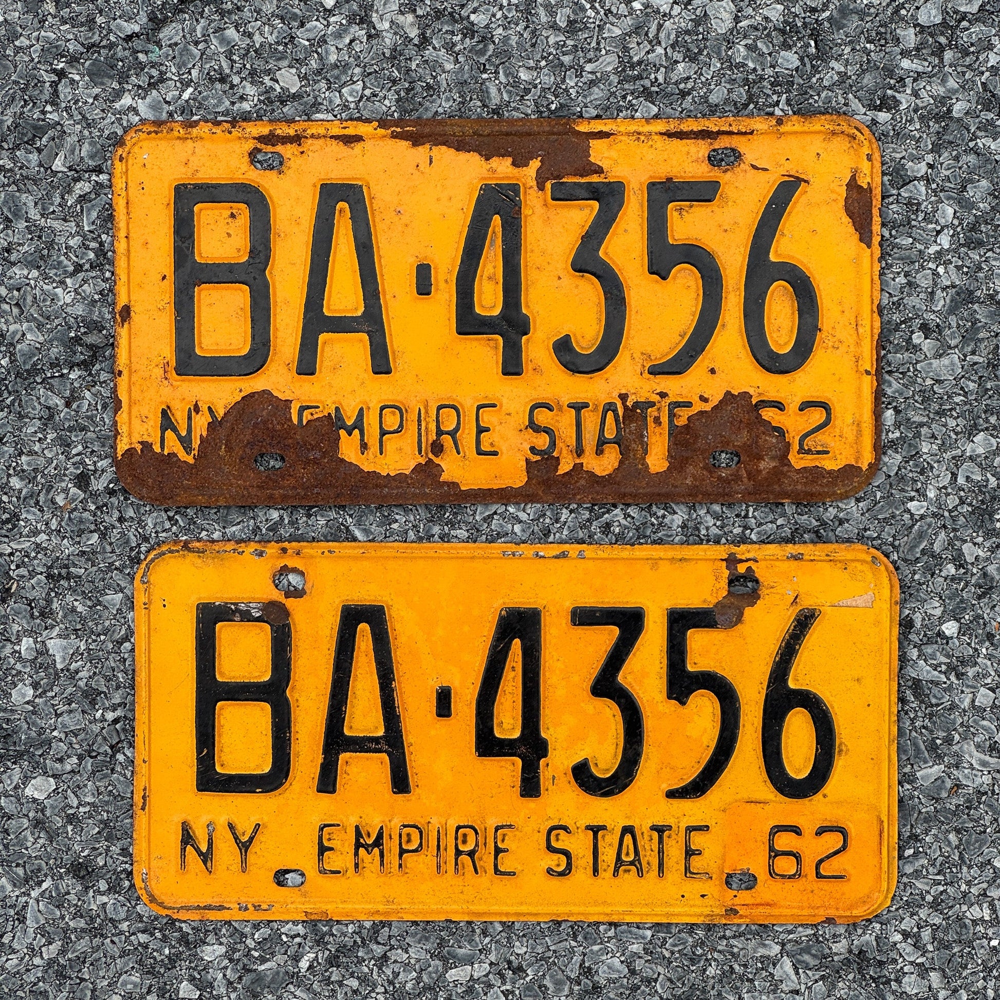 Photo of a 1962 New York License Plate Pair Auto Tag Garage Decor Vintage Erie County BA 4356