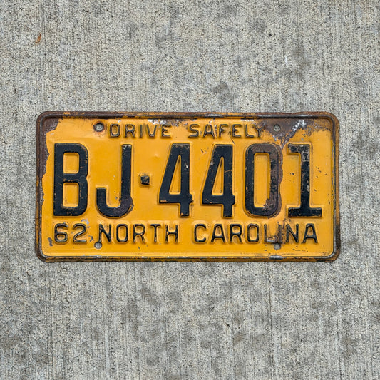 Photo of a 1962 North Carolina License Plate Auto Tag Garage Decor Vintage BJ 4401 with original patina