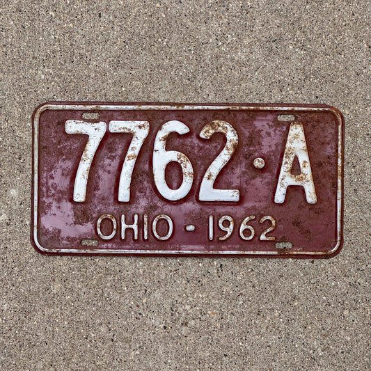 Photo of a 1962 Ohio License Plate Auto Tag Garage Decor Vintage 7762 A with original patina
