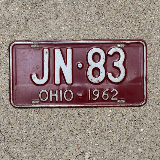 Photo of a 1962 Ohio License Plate Auto Tag Garage Decor Vintage JN 83 with original patina