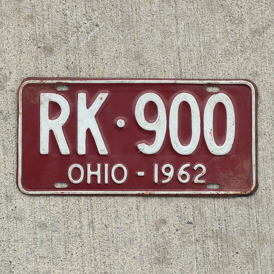 Photo of a 1962 Ohio License Plate Auto Tag Garage Decor Vintage RK 900 with original patina