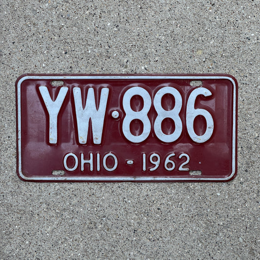Photo of a 1962 Ohio License Plate Auto Tag Garage Decor Vintage YW 886 with original patina