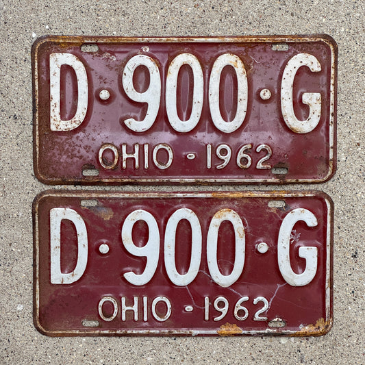 Photo of a 1962 Ohio License Plate Pair Auto Tag Garage Decor Vintage D 900 G with original patina