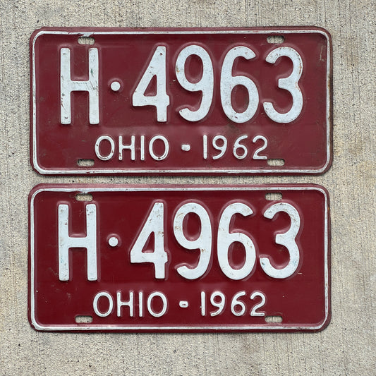 Photo of a 1962 Ohio License Plate Pair Auto Tag Garage Decor Vintage H 4963 with original patina