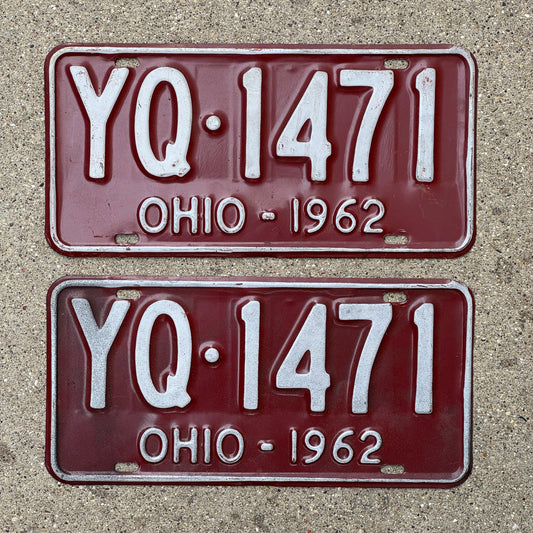 Photo of a 1962 Ohio License Plate Pair Auto Tag Garage Decor Vintage YQ 1471 with original patina
