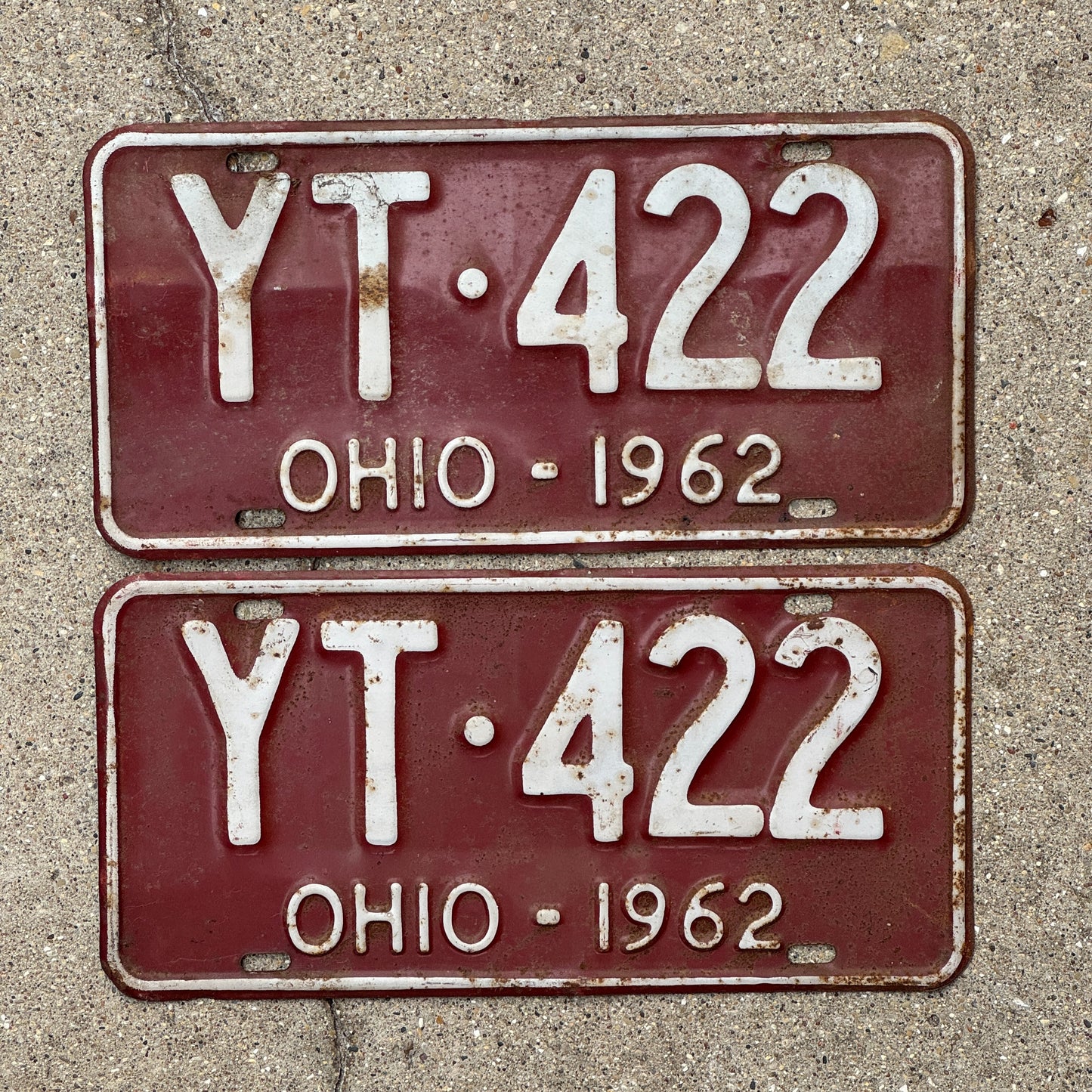 Photo of a 1962 Ohio License Plate Pair Auto Tag Garage Decor Vintage YT 422 with original patina