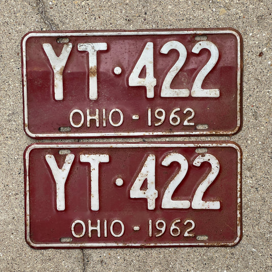 Photo of a 1962 Ohio License Plate Pair Auto Tag Garage Decor Vintage YT 422 with original patina