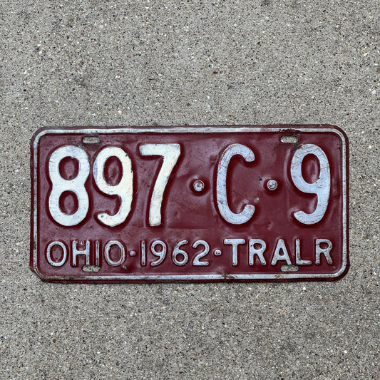 Photo of a 1962 Ohio Trailer License Plate Auto Tag Garage Decor Vintage 897 C 9 with original patina