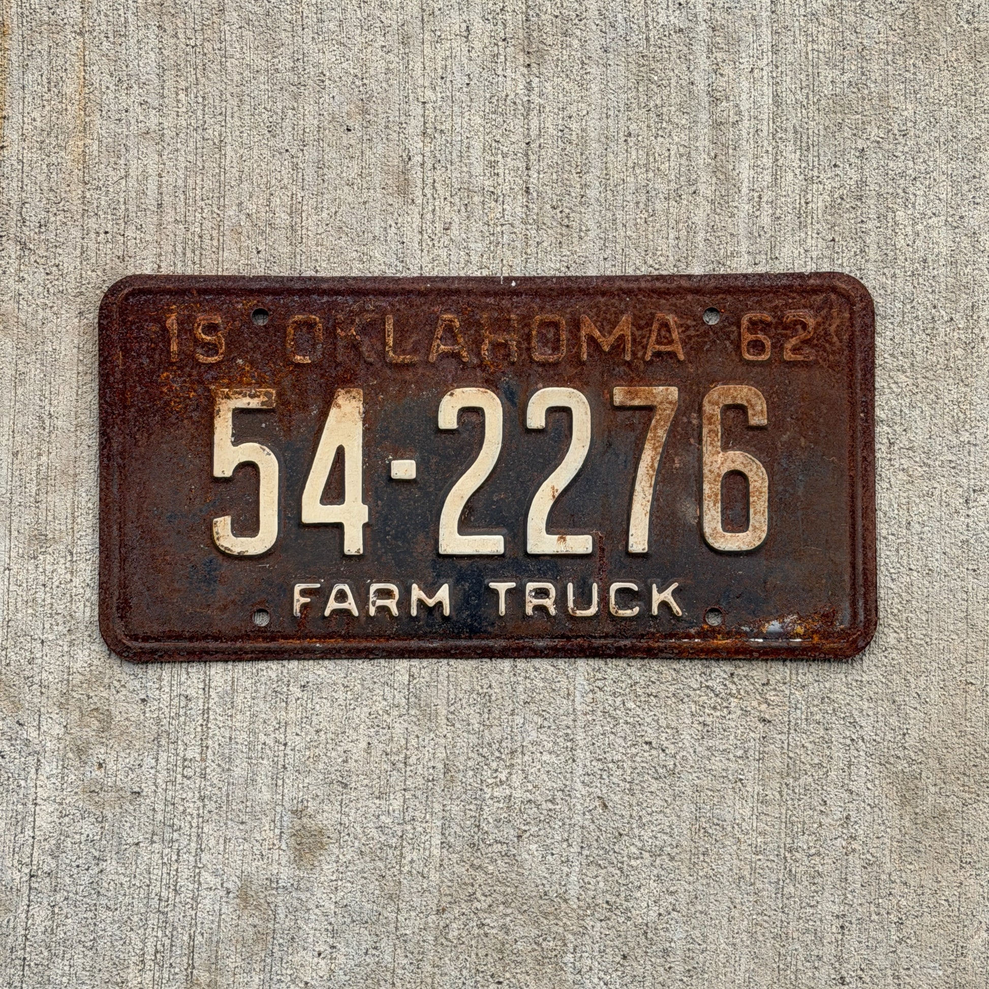 Photo of a 1962 Oklahoma Farm Truck License Plate Auto Tag Garage Decor Vintage 54 2276 with original patina