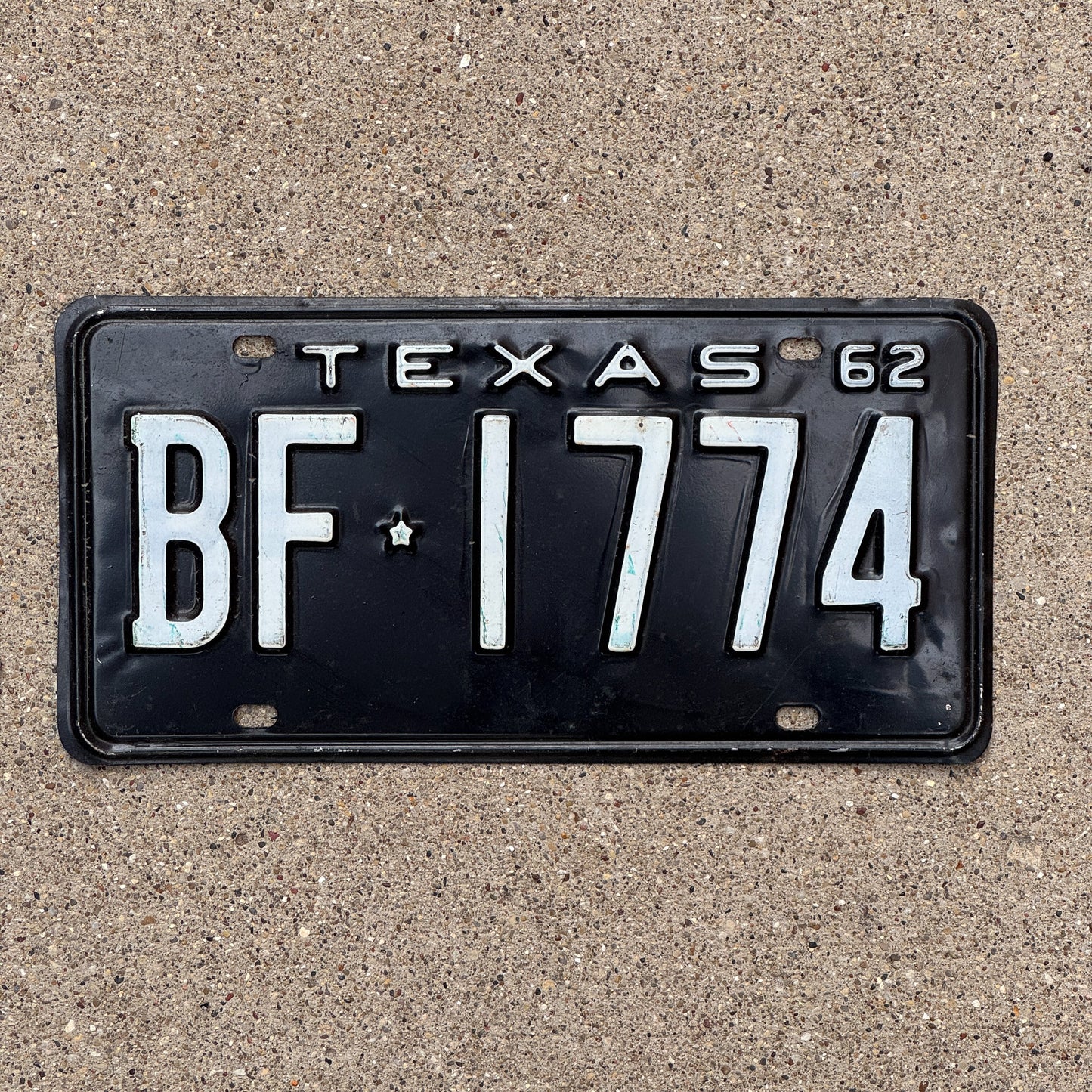 Photo of a 1962 Texas License Plate Auto Tag Garage Decor Vintage BF 1774 with original patina