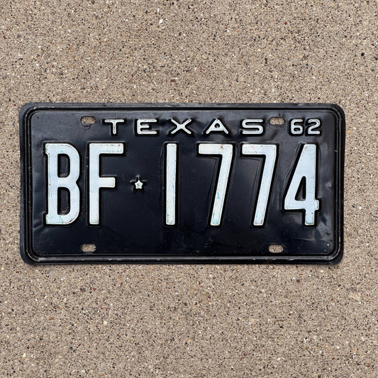 Photo of a 1962 Texas License Plate Auto Tag Garage Decor Vintage BF 1774 with original patina