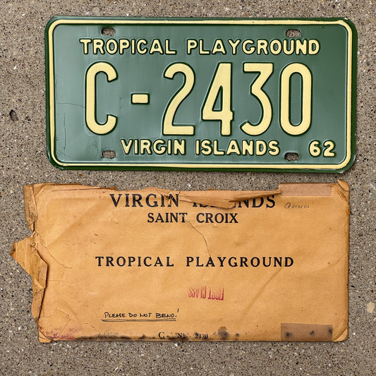 Photo of a 1962 Virgin Islands License Plate Auto Tag Garage Decor Vintage with Envelope C 2430