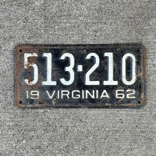 Photo of a 1962 Virginia License Plate Auto Tag Garage Decor Vintage 513 210 with original patina