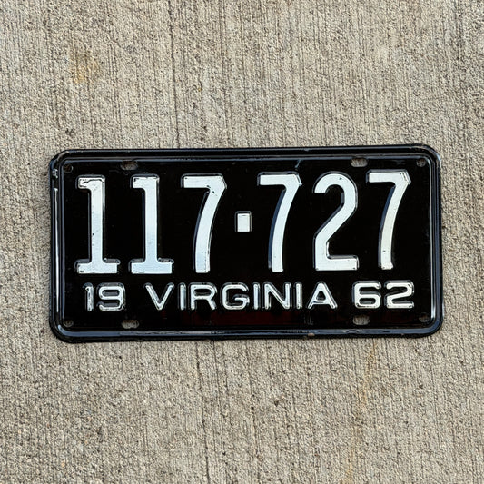 Photo of a 1962 Virginia License Plate Auto Tag Garage Decor Vintage High Quality 117 727 with original patina