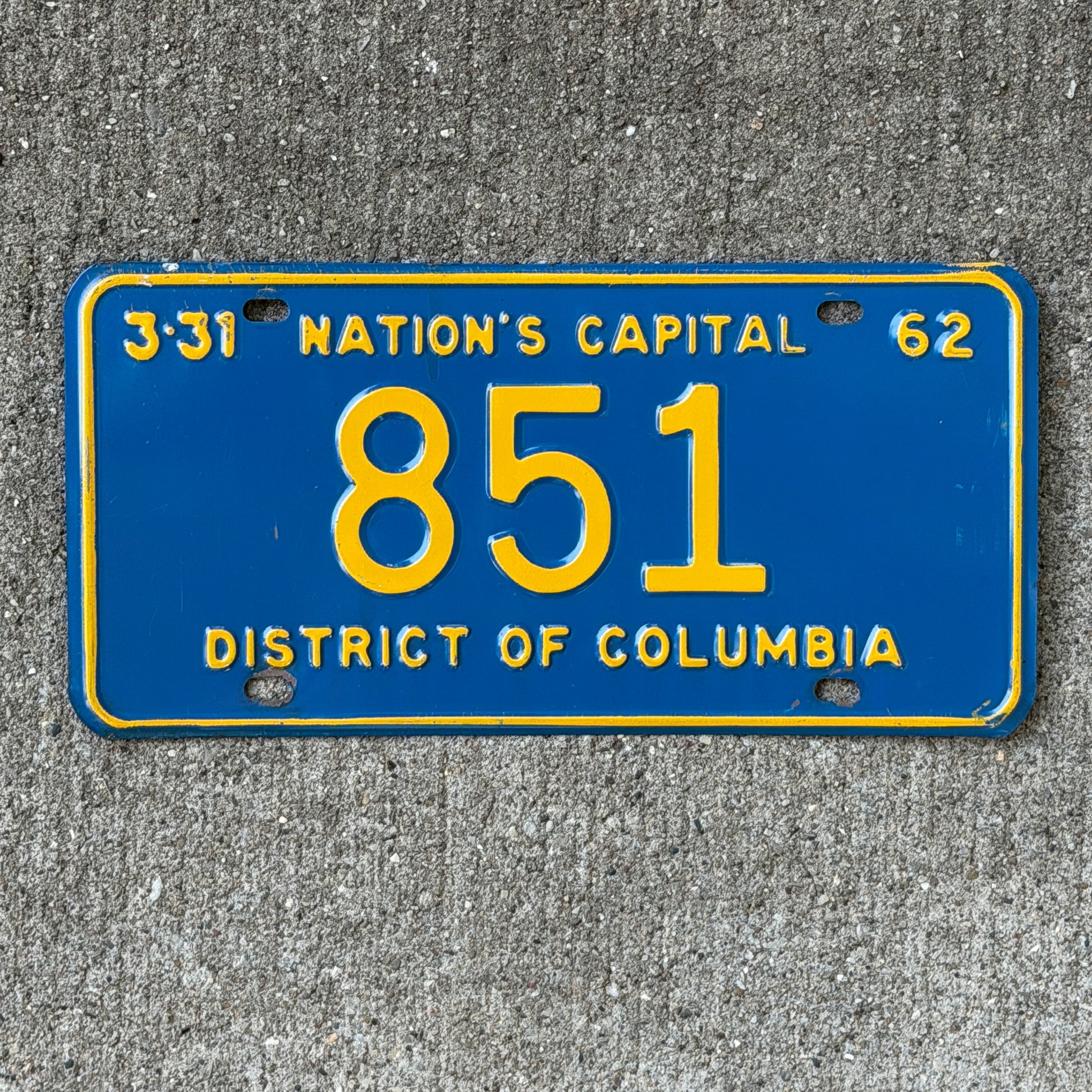 Photo of a 1962 Washington DC License Plate Auto Tag Garage Decor Vintage Low Number Three Digit 851 with original patina