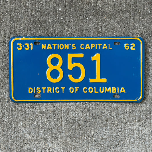Photo of a 1962 Washington DC License Plate Auto Tag Garage Decor Vintage Low Number Three Digit 851 with original patina