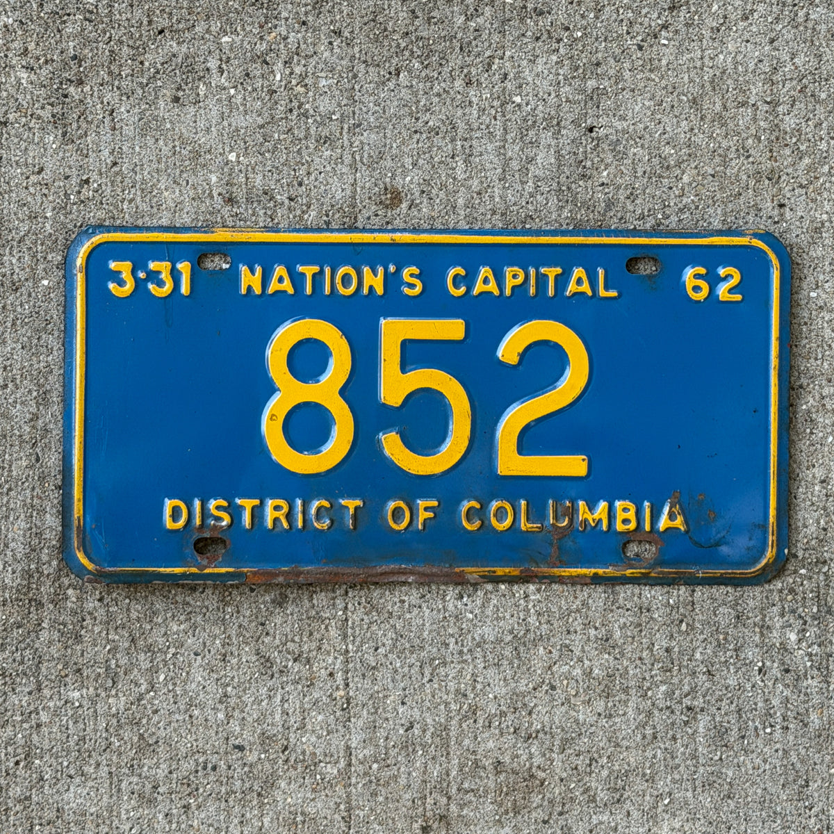 Photo of a 1962 Washington DC License Plate Auto Tag Garage Decor Vintage Low Number Three Digit 852 with original patina