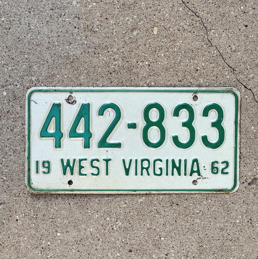 Photo of a 1962 West Virginia License Plate Auto Tag Garage Decor Vintage 442 833 with original patina