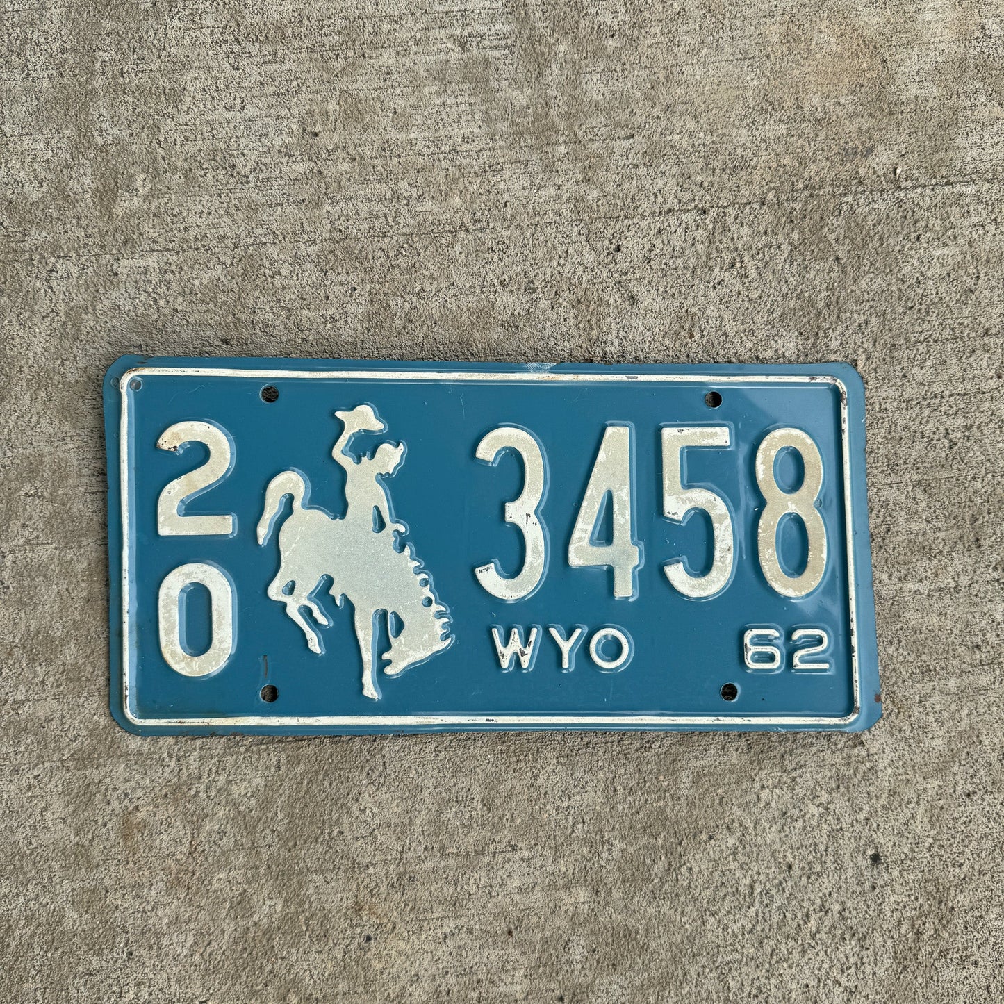 Photo of a 1962 Wyoming License Plate Auto Tag Garage Decor Vintage 20 3458 with original patina