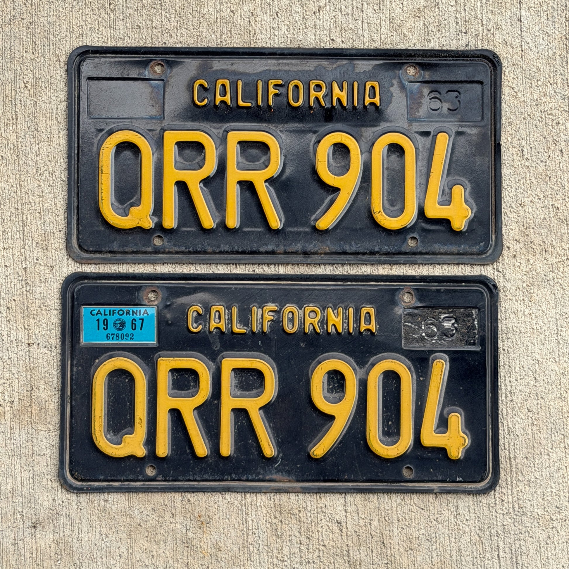 Photo of a 1963 1967 California License Plate Pair Auto Tag Garage Decor Vintage QRR 904 with original patina