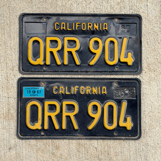 Photo of a 1963 1967 California License Plate Pair Auto Tag Garage Decor Vintage QRR 904 with original patina