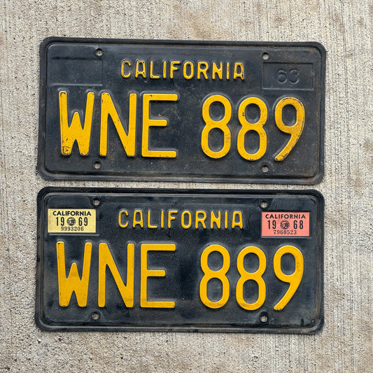 Photo of a 1963 1969 California License Plate Pair Auto Tag Garage Decor Vintage WNE 889 with original patina