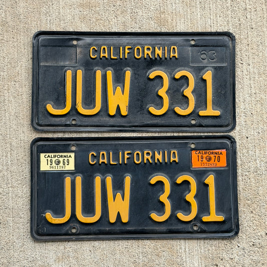 Photo of a 1963 1970 California License Plate Pair Auto Tag Garage Decor Vintage JUW 331 with original patina