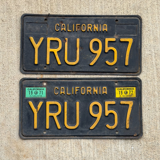 Photo of a 1963 1972 California License Plate Pair Auto Tag Garage Decor Vintage YRU 957 with original patina