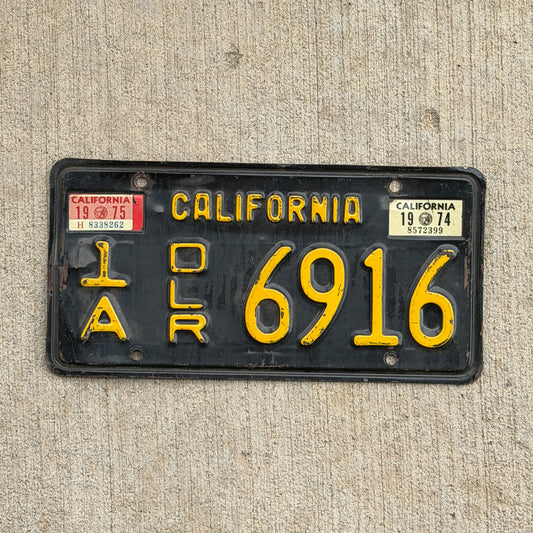 Photo of a 1963 1975 California Dealer License Plate Auto Tag 1 Vintage Garage 1A 6916 with original patina