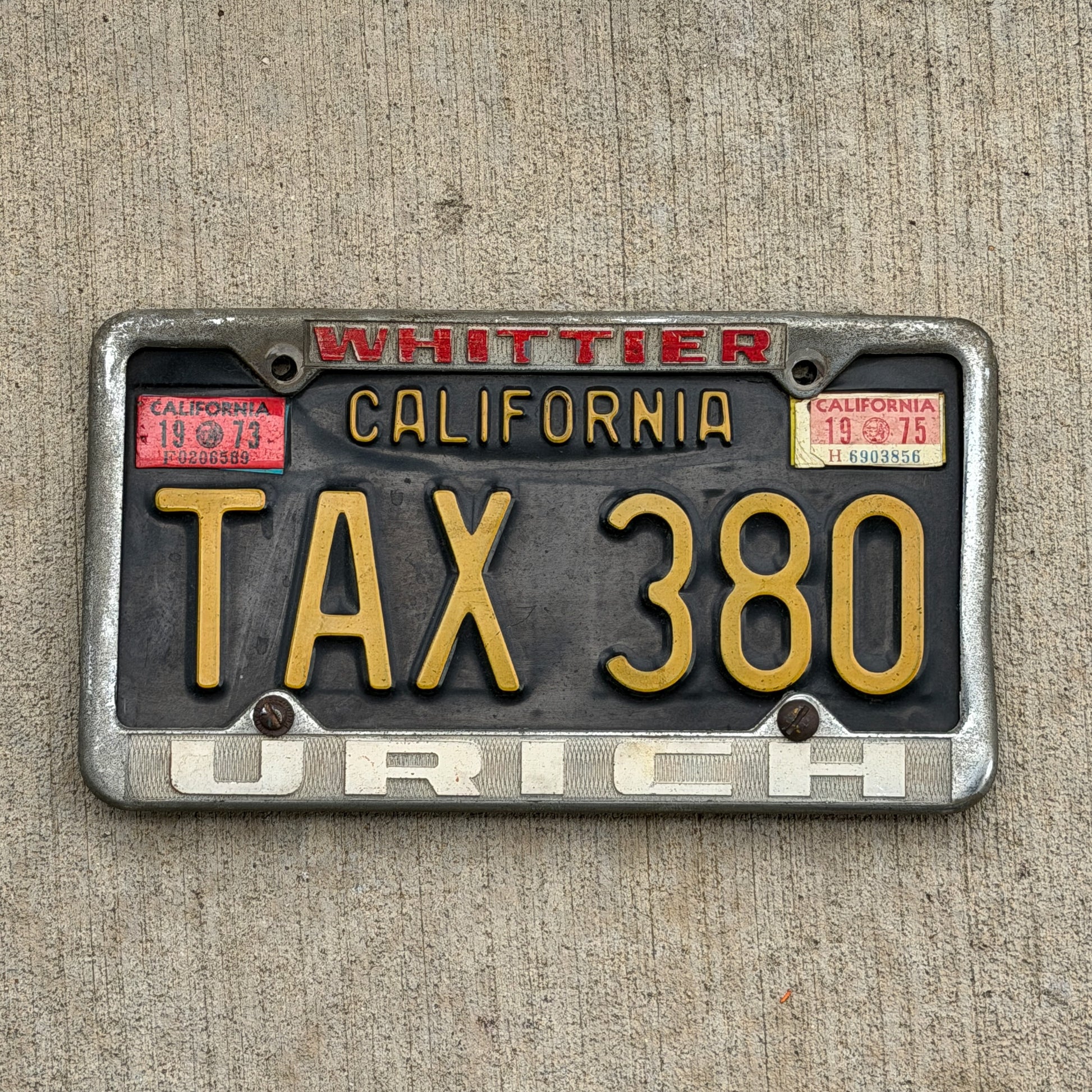 Photo of a 1963 1975 California License Plate Auto Tag Garage Decor Vintage Accountant Accounting Gift with Whittier Urich Frame TAX 380 with original patina