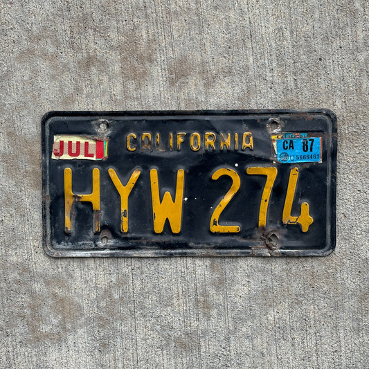 Photo of a 1963 1987 California License Plate Auto Tag Garage Decor Vintage HYW 274 with original patina