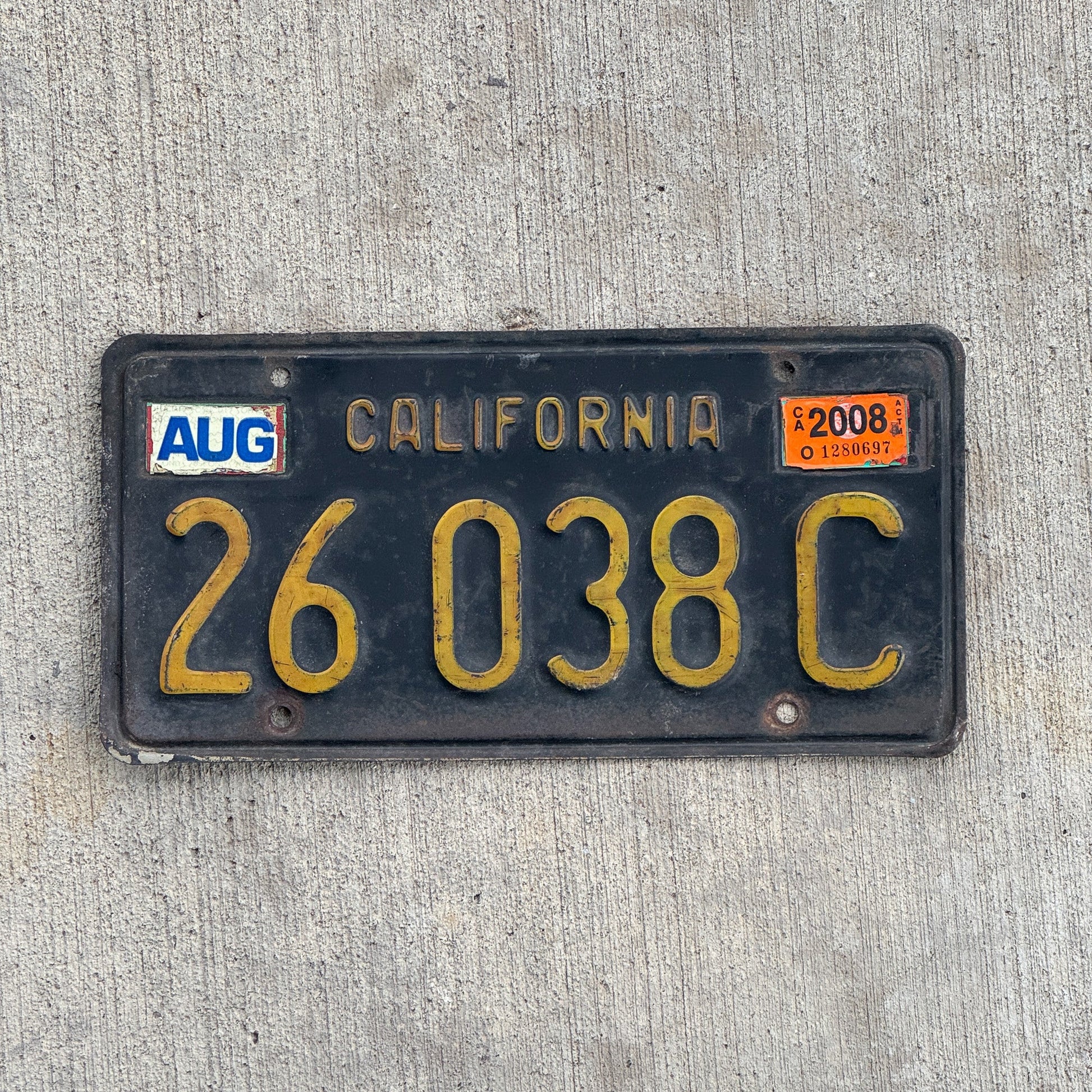 Photo of a 1963 2008 California Commercial License Plate Auto Tag Garage Decor Vintage 26 038 C with original patina