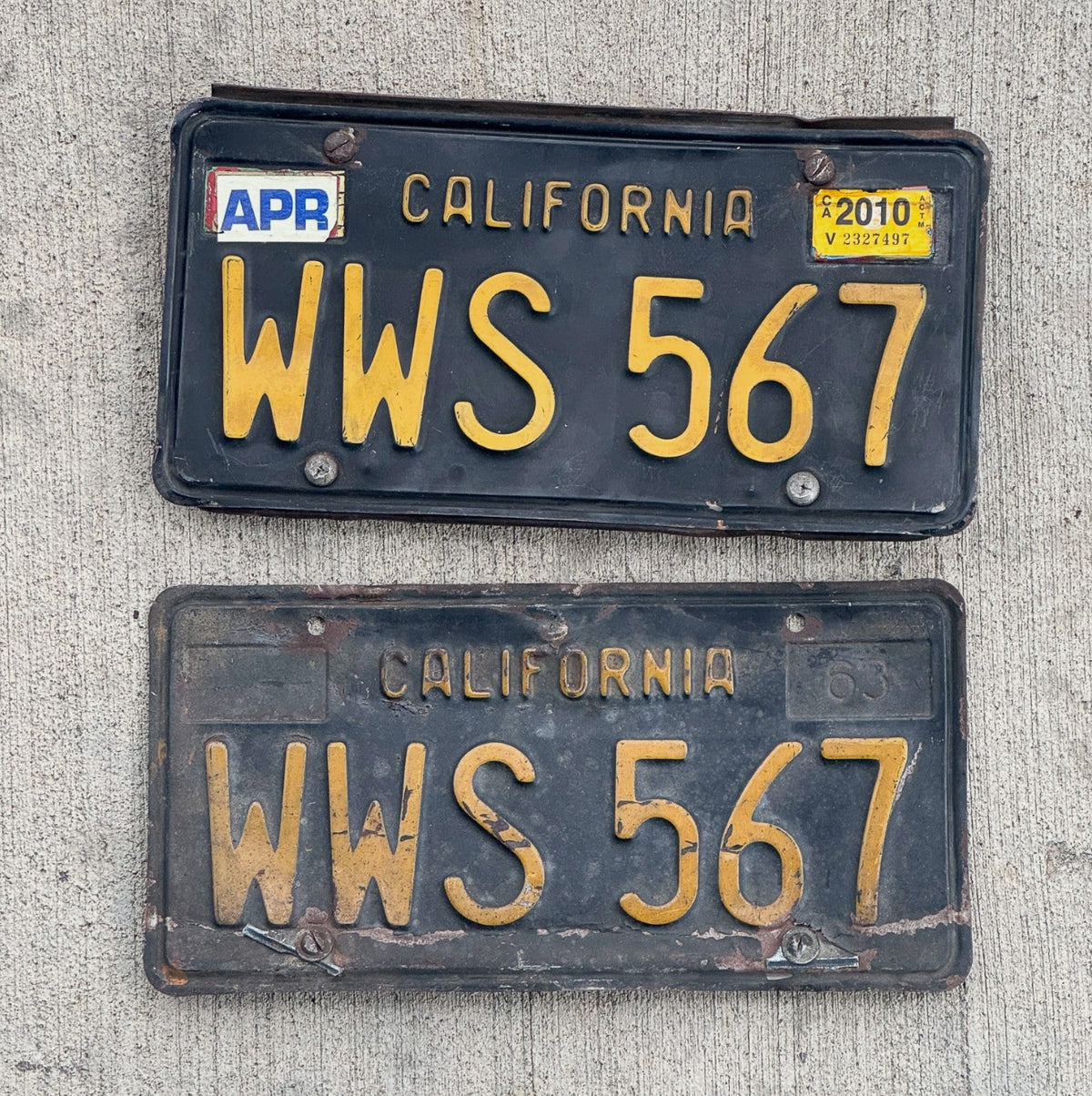 1963 2010 California License Plate Pair Auto Tag DMV Clear Number WWS 567