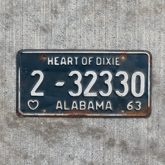 Photo of a 1963 Alabama License Plate Auto Tag Garage Decor Vintage Heart of Dixie 2 32330 with original patina